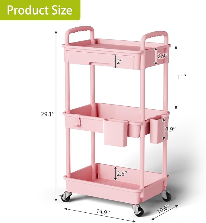 3 Tier Small Rolling Cart Organizer,Laundry Room Bathroom Organizers and Storage Office Shelves Mobile Shelving Unit Kitchen Trolley Cart with Wheels for Art,Craft,Diaper,Bedside,Snack(Pink) - LeafyLoom