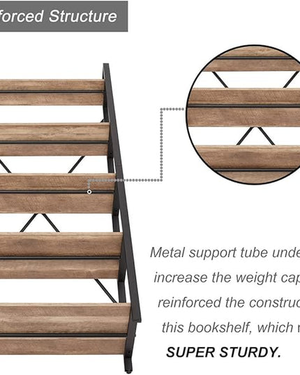 BON AUGURE Industrial 5 Tier Ladder Bookshelf, Wood and Metal Ladder Shelf Bookcase, Farmhouse Leaning Shelves for Living Room (Vintage Oak) - LeafyLoom