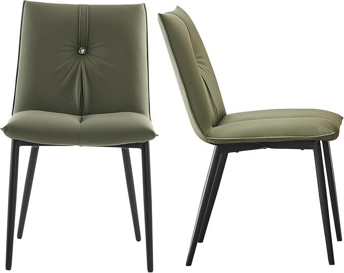 YOUTASTE Dining Chairs Set of 2 Mid Century Modern Upholstered Leather Kitchen Chairs Soft Padded Side Chairs Dinner Chairs with Metal Legs for Living Room Bedroom, Olive Green - LeafyLoom
