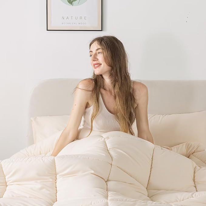 WhatsBedding Twin Comforter Set, Beige Lightweight Bedding Set for All Season Soft Down Alternative Bed Set with 1 Pillowcase, Twin Size, 64"x88" - LeafyLoom