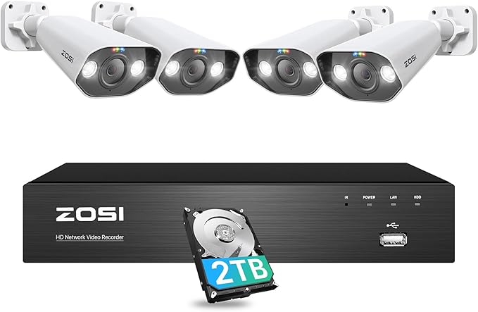 ZOSI 4K Spotlight PoE Security Camera System,8 Port 16CH 8MP NVR with 2TB HDD,4pcs 4K Outdoor Indoor PoE IP Cameras with 2 Way Audio and Siren,Night Vision,Person Vehicle Detection,for 24/7 Recording ZOSI