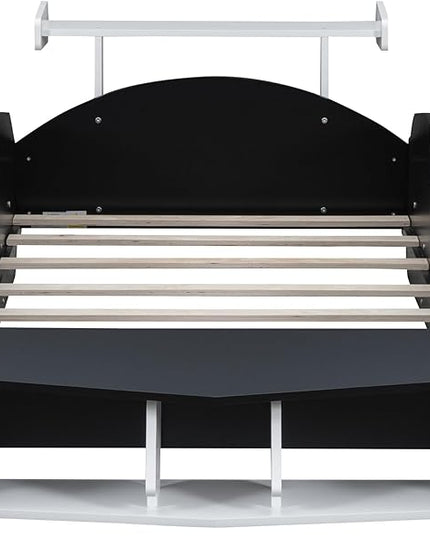 Twin Size Racecar Bed for Big Boys,Wood Platform Bedframe with Wheels & Safety Guardrail,Slats Support,Easy Assembly,Toddlers Kids Car Floor Beds for Fun Children's Bedroom,Black - LeafyLoom