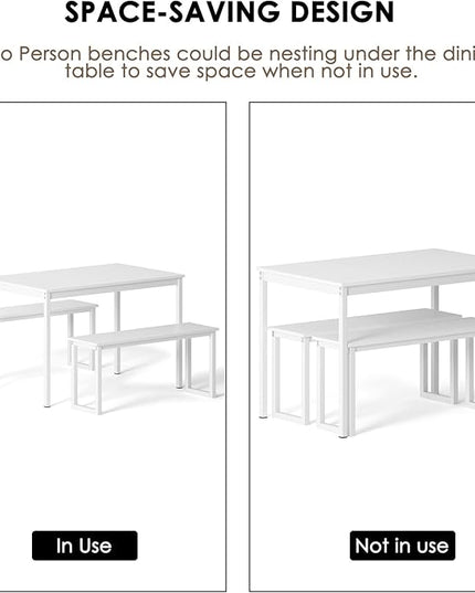 sogesfurniture Kitchen Table Set with 2 Benches, Dining Table Set for 4, 3 Piece Dining Room Set Industrial Style Furniture, Wooden Kitchen and Dining Set, Dining Table with Benches,White - LeafyLoom