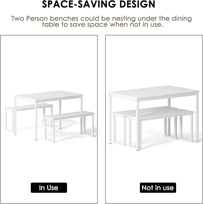 sogesfurniture Kitchen Table Set with 2 Benches, Dining Table Set for 4, 3 Piece Dining Room Set Industrial Style Furniture, Wooden Kitchen and Dining Set, Dining Table with Benches,White - LeafyLoom