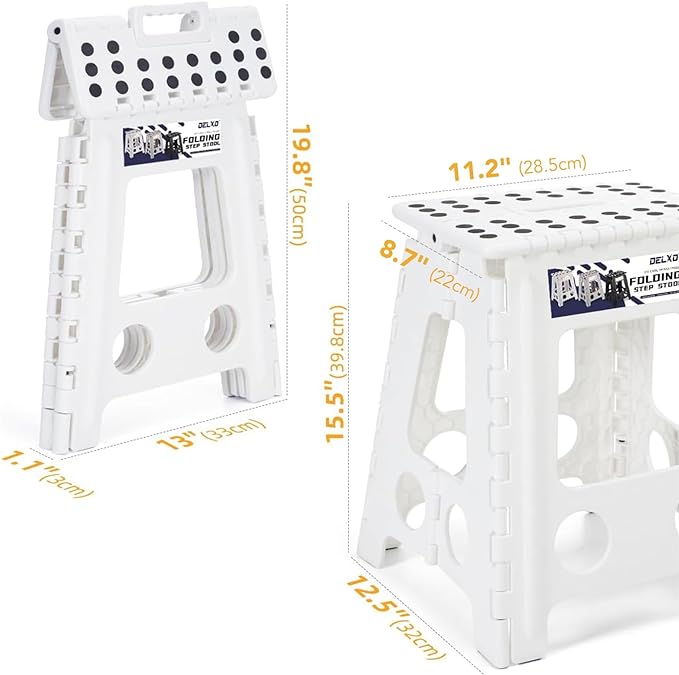 Delxo 16” Folding Step Stool in White,1 Pack Premium Heavy Duty Foldable Foot Stool for Adults,Portable Collapsible Plastic Step Stool,Non Slip Folding Stools for Kitchen Bathroom Bedroom Up to 400LBS - LeafyLoom