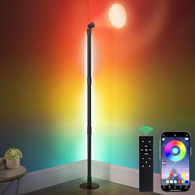 RGB Corner Floor Lamp, LED Color Floor Lamp Mood Lighting with Spotlight, Color Changing Through Music Sync,Timer, Remote, Voice and App Control, Corner Lamp DIY Mode for Play Room - LeafyLoom