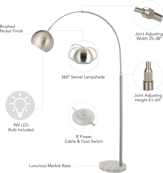 CO-Z Modern Arc Floor Lamp with 360° Rotatable Hanging Shade Adjustable Nickel Standing Reading Light with Marble Base Contemporary Arch Metal Pole Task Lamp for Living Room Couch Sofa, 69 Inch - LeafyLoom