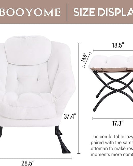 Lazy Chair with Ottoman, Modern Accent Chair Contemporary Lounge Leisure Upholstered Sofa Chair Set with Armrests, Reading Chair for Living Room, Bedroom, Office, Plush White - LeafyLoom