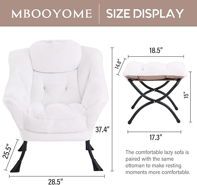 Lazy Chair with Ottoman, Modern Accent Chair Contemporary Lounge Leisure Upholstered Sofa Chair Set with Armrests, Reading Chair for Living Room, Bedroom, Office, Plush White - LeafyLoom