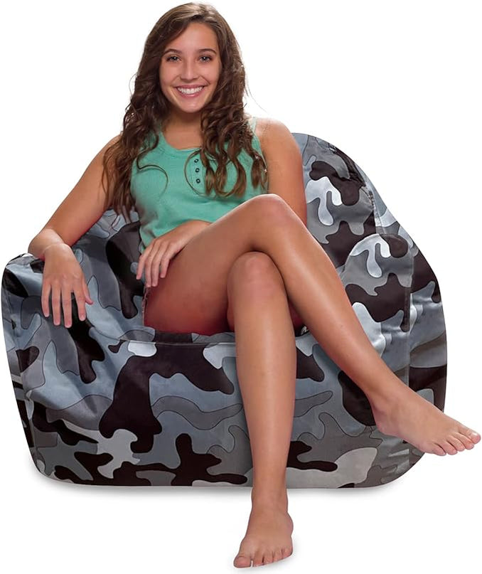 Posh Creations Structured Comfy Bean Bag Chair for Gaming, Reading and Watching TV, Malibu Lounge, Nylon - Camo Gray and White - LeafyLoom