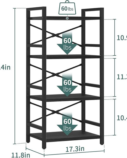 Yoobure 4 Tier Bookshelf - Small Book Shelf Industrial Bookcase, Narrow Book Case Book Storage Organizer for CD/Movie/Book, Bookshelves for Bedroom Office Living Room Black - LeafyLoom