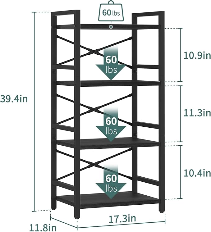 Yoobure 4 Tier Bookshelf - Small Book Shelf Industrial Bookcase, Narrow Book Case Book Storage Organizer for CD/Movie/Book, Bookshelves for Bedroom Office Living Room Black - LeafyLoom