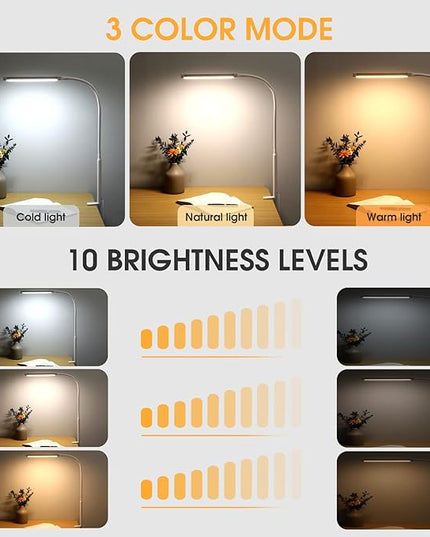 LED Desk lamp with Clamp, Eye-caring Clip on Lights for Home Office, 3 Modes 10 Brightness, Long Flexible Gooseneck,Metal, Swing Arm Architect Task Table Lamps with USB Adapter, White - LeafyLoom