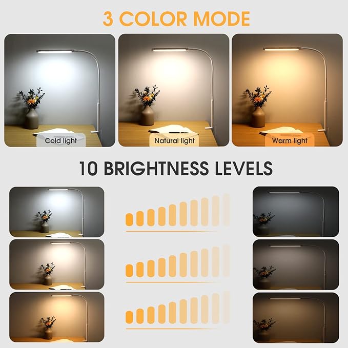 LED Desk lamp with Clamp, Eye-caring Clip on Lights for Home Office, 3 Modes 10 Brightness, Long Flexible Gooseneck,Metal, Swing Arm Architect Task Table Lamps with USB Adapter, White - LeafyLoom