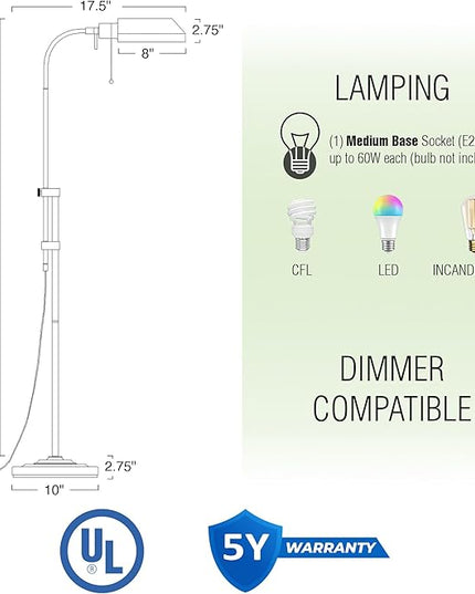 Kira Home Prescott 58" Modern Adjustable Standing Pharmacy Floor Lamp | Brushed Nickel Finish, Includes 6W LED Bulb (60W eq.) Energy Efficient, Eco-Friendly, for Living Room Reading Bedroom Office - LeafyLoom