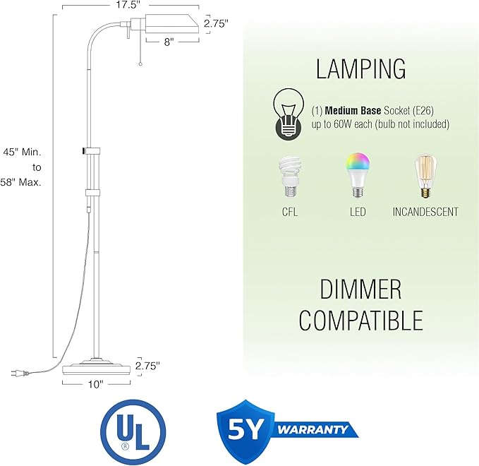 Kira Home Prescott 58" Modern Adjustable Standing Pharmacy Floor Lamp | Brushed Nickel Finish, Includes 6W LED Bulb (60W eq.) Energy Efficient, Eco-Friendly, for Living Room Reading Bedroom Office - LeafyLoom
