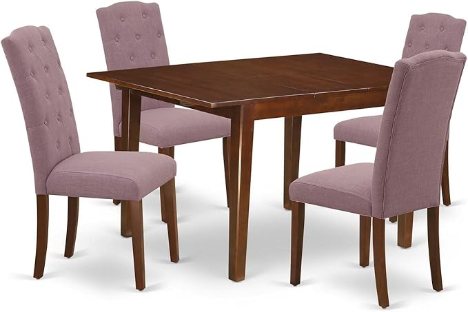 East West Furniture MLCE5-MAH-10 Milan 5 Piece Kitchen Set for 4 Includes a Rectangle Dining Room Table with Butterfly Leaf and 4 Dahlia Linen Fabric Padded Chairs, 36x54 Inch, Mahogany - LeafyLoom
