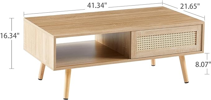 Brafab Rattan Coffee Storage Rectangle Accent Center Sofa Table with Sliding Door Panel Solid Wood Legsfor Living Room, 41.34" L x 21.65" W x 16.34" H, Natural - LeafyLoom