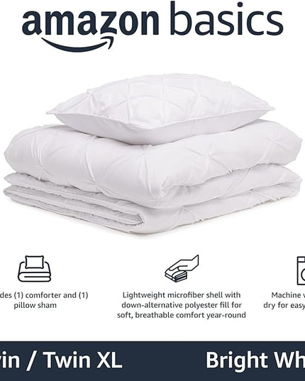 Amazon Basics All-Season Down-Alternative 2 Piece Comforter Bedding Set, Twin/TwinXL, Bright White, Pinch Pleat With Piped Edges - LeafyLoom