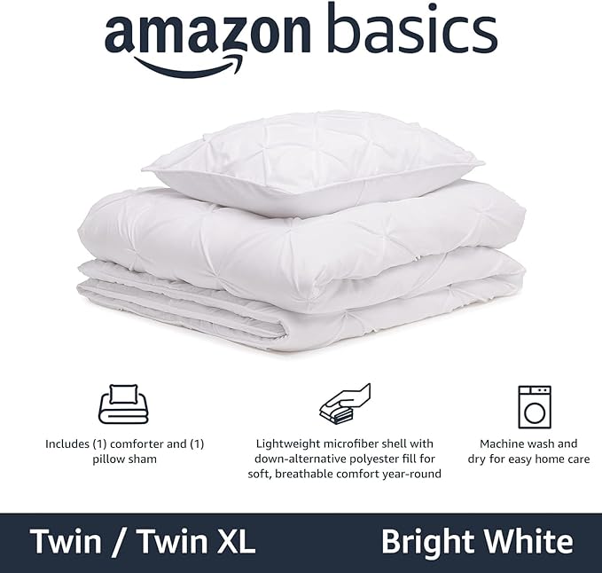 Amazon Basics All-Season Down-Alternative 2 Piece Comforter Bedding Set, Twin/TwinXL, Bright White, Pinch Pleat With Piped Edges - LeafyLoom