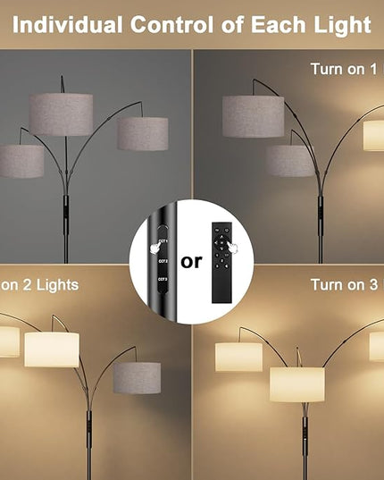 36W LED Arc Floor Lamp with 3 Fabric Shades, 3000LM Super Bright Standing Lamp with Remote Control & Touch, Stepless Dimming, Individual Light Control for Living Room, Bedroom - LeafyLoom