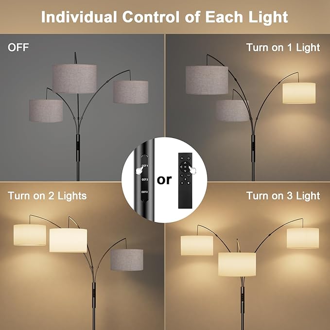 36W LED Arc Floor Lamp with 3 Fabric Shades, 3000LM Super Bright Standing Lamp with Remote Control & Touch, Stepless Dimming, Individual Light Control for Living Room, Bedroom - LeafyLoom