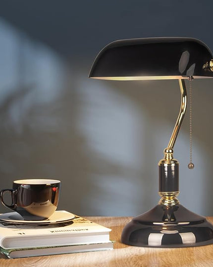 FIRVRE Bankers Desk Lamp with Pull Chain Switch Plug in Fixture, Black Glass Shade Desk Lamps, Golden and Black E26 Base, Traditional Library Lamp for Office,Piano,Study Room - LeafyLoom