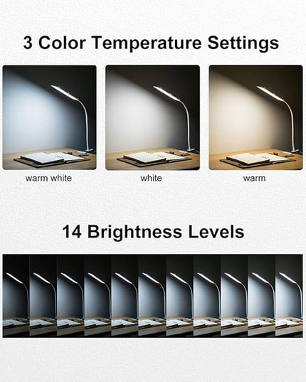RAOYI LED Desk Lamp, 5W USB Clip on Light Eye-Caring Reading Clamp Table Lamp with 48 LEDs Flexible Gooseneck, 3 Color Modes and 14 Brightness Levels for Office Bedroom Study (White) - LeafyLoom
