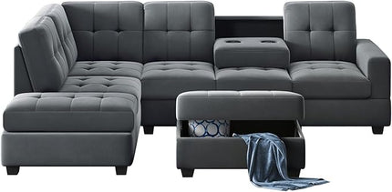 112" Modern L-Shape Sectional Sofa with Reversible Chaise &Storage Ottoman, Velvet Upholstered Couch w/Cup Holder, for Living Room, Apartment, 104 Inch, Dark Gray - LeafyLoom
