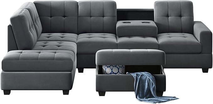 112" Modern L-Shape Sectional Sofa with Reversible Chaise &Storage Ottoman, Velvet Upholstered Couch w/Cup Holder, for Living Room, Apartment, 104 Inch, Dark Gray - LeafyLoom