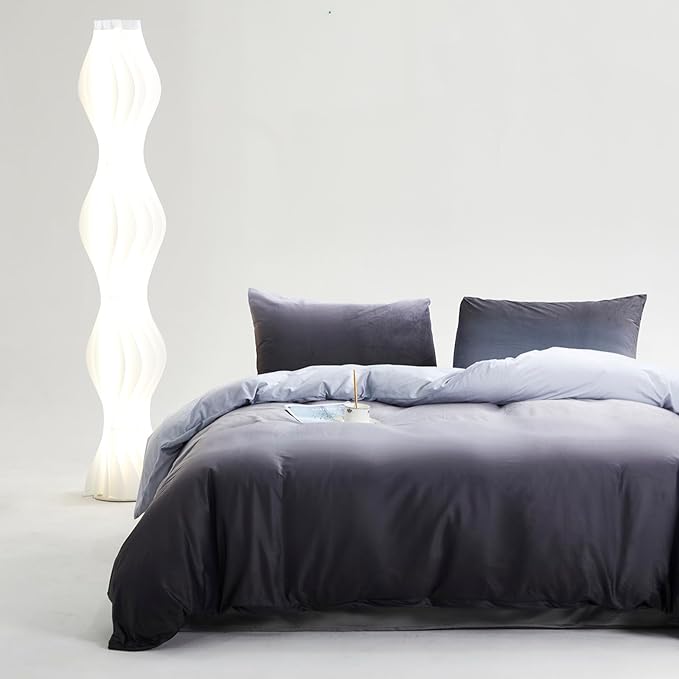 Gray White Gradient Comforter Set King Gray Velvet Bedding Comforter Modern Plain White and Deep Gray Gradient Soft Quilt Farmhouse Flannel Comforter Warm King Bed Comforter - LeafyLoom