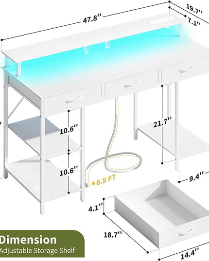 Yoobure Computer Desk with Drawers, Office Desk with LED Lights & Outlets Small Desk with Storage Shelves, Gaming Desk with Monitor Stand, 48" White Desk for Bedroom Home Office Desks for Small Space - LeafyLoom