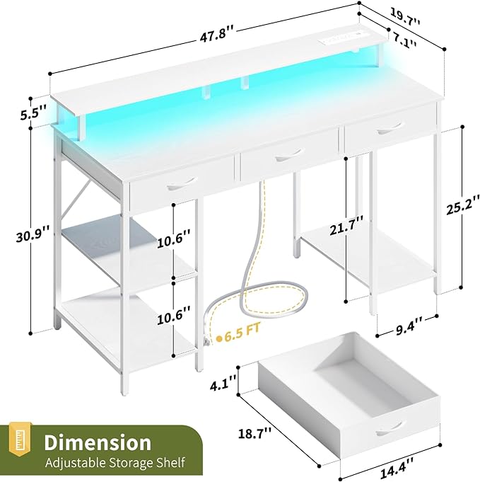 Yoobure Computer Desk with Drawers, Office Desk with LED Lights & Outlets Small Desk with Storage Shelves, Gaming Desk with Monitor Stand, 48" White Desk for Bedroom Home Office Desks for Small Space - LeafyLoom