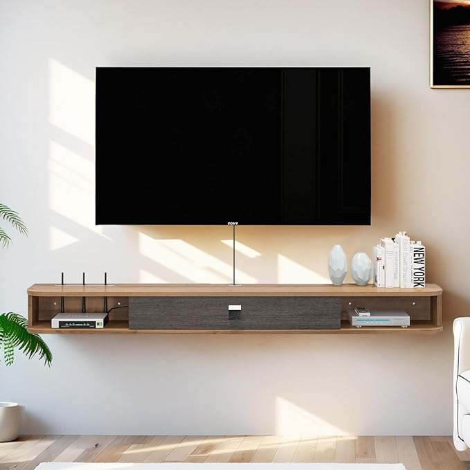 Pmnianhua Floating TV Shelf, 94'' Wall Mounted TV Stand Floating TV Console Media Entertainment Under TV Shelf for Bedroom Living Room (Walnut) - LeafyLoom