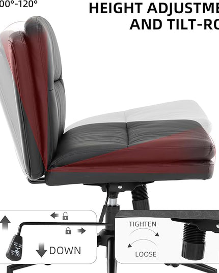 Armless Office Chair with Wheels Wide Desk Chair Leather Mid Back Accent Chair Padded Swivel Vanity Chair for Girl Women Computer Task Chair for Home Office (Leather, Black) - LeafyLoom