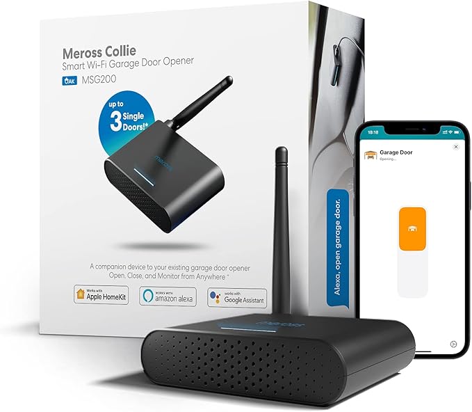 Smart Garage Door Opener Remote with External Antenna, Up to 3 Single Doors, Compatible with Apple HomeKit, Amazon Alexa,SmartThings, Google Assistant meross