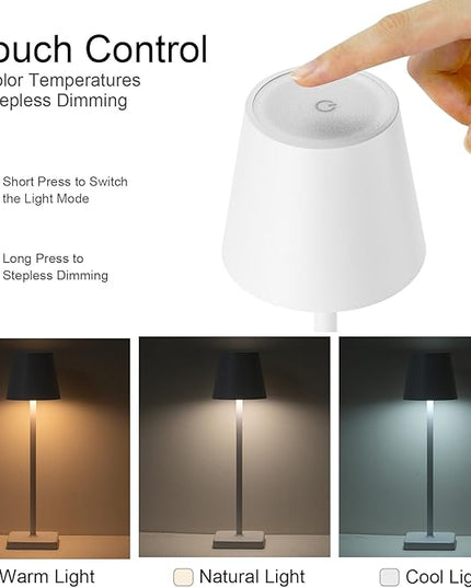 2 Pack Cordless Table Lamp Rechargeable LED Desk Lamp 5200mAh Aluminum Shell Battery Lamps Stepless Dimmable Portable Table Lights for Dinner/Restaurant/Outdoor IP54 Waterproof White - LeafyLoom