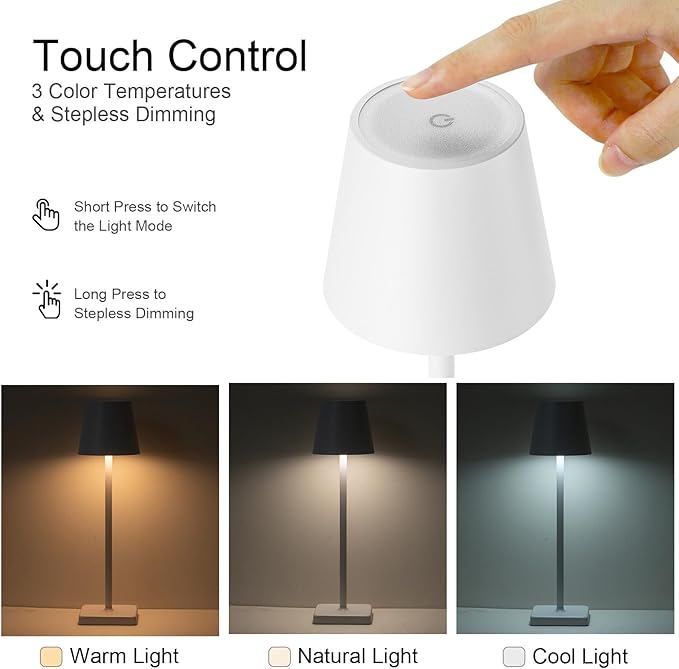 2 Pack Cordless Table Lamp Rechargeable LED Desk Lamp 5200mAh Aluminum Shell Battery Lamps Stepless Dimmable Portable Table Lights for Dinner/Restaurant/Outdoor IP54 Waterproof White - LeafyLoom