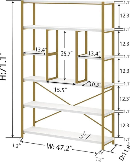 LVB Gold Book Shelf Organizer, Large Tall 6 Tier Bookshelves Storage, Big Modern Metal Wooden 6 Shelf Bookcase, Farmhouse Open Display Vertical Bookshelf for Bedroom Living Room Office, White and Gold - LeafyLoom