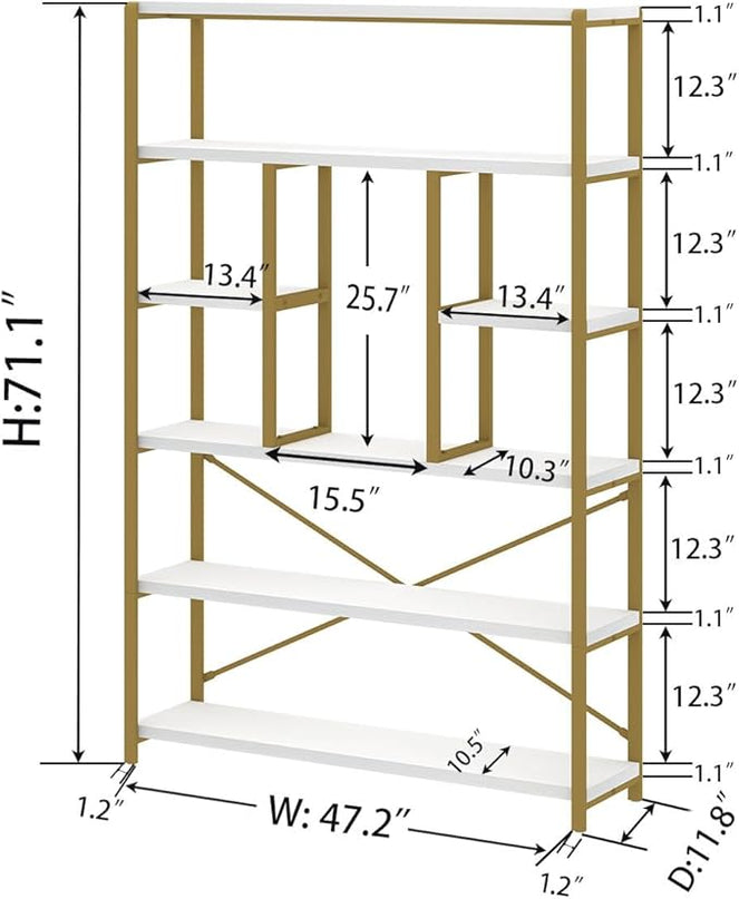 LVB Gold Book Shelf Organizer, Large Tall 6 Tier Bookshelves Storage, Big Modern Metal Wooden 6 Shelf Bookcase, Farmhouse Open Display Vertical Bookshelf for Bedroom Living Room Office, White and Gold - LeafyLoom