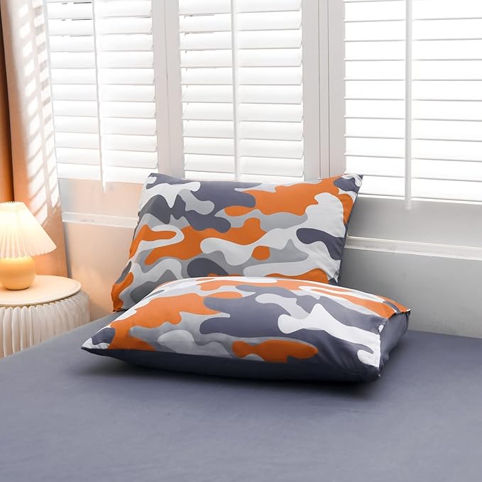 Meeting Story Kids Camo Bedding Set, Army Camouflage Bedding Twin Comforter Set for Boys Girls Teens Bedroom Decoration (Orange, Twin 5Pcs) - LeafyLoom