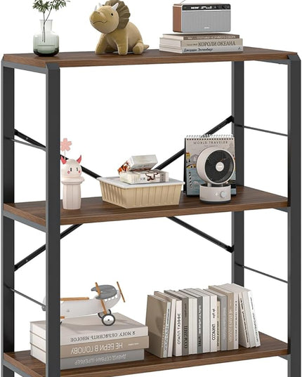 FOLUBAN Small Bookshelf, 3 Tier Rustic Book Shelf with Storage, Industrial Low Short Bookcases for Office, Bedroom and Living Room, Rustic Walnut - LeafyLoom