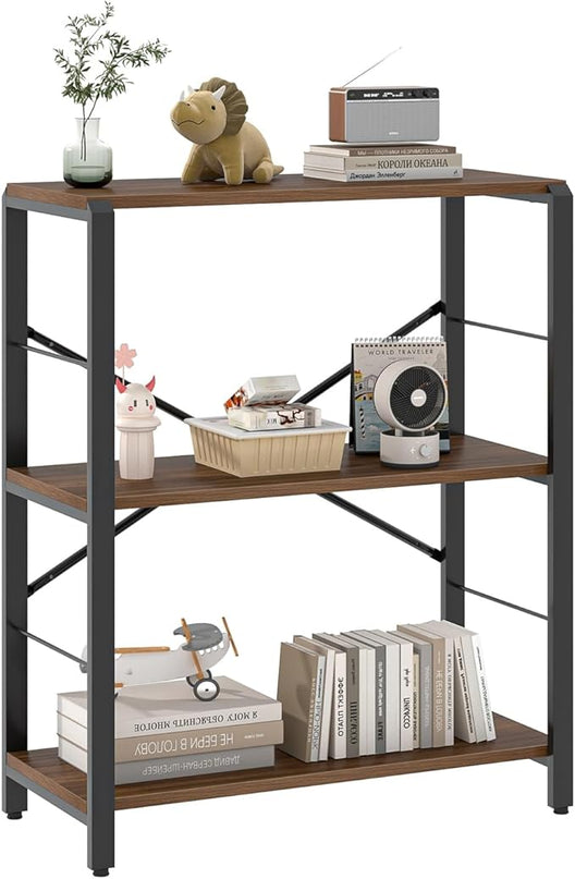 FOLUBAN Small Bookshelf, 3 Tier Rustic Book Shelf with Storage, Industrial Low Short Bookcases for Office, Bedroom and Living Room, Rustic Walnut - LeafyLoom