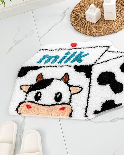 Milk Cow Bathroom Rugs Milk Box Shaped Animals Non Slip Cute Bath Rug Soft Absorbent Microfiber Bathtub Door Mat for Bathroom Kitchen Floor Tub Shower Rug Black White - LeafyLoom