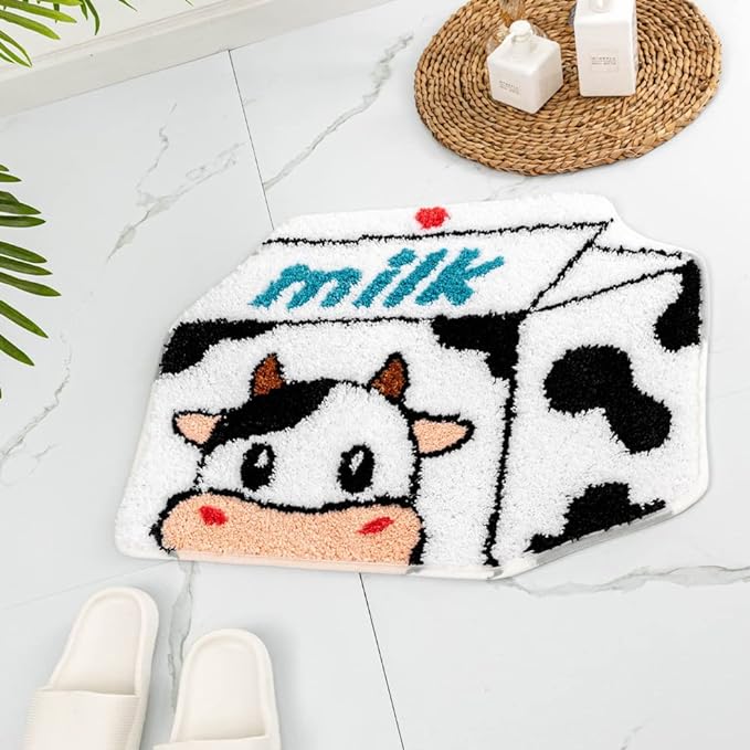Milk Cow Bathroom Rugs Milk Box Shaped Animals Non Slip Cute Bath Rug Soft Absorbent Microfiber Bathtub Door Mat for Bathroom Kitchen Floor Tub Shower Rug Black White - LeafyLoom