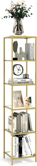 6-Tier Bookshelf,Metal Bookcase,Tempered Glass Shelves,Storage Rack Shelf for Home Office,Living Room,Bedroom, Bathroom,Modern Style,Golden - LeafyLoom