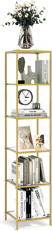 6-Tier Bookshelf,Metal Bookcase,Tempered Glass Shelves,Storage Rack Shelf for Home Office,Living Room,Bedroom, Bathroom,Modern Style,Golden - LeafyLoom