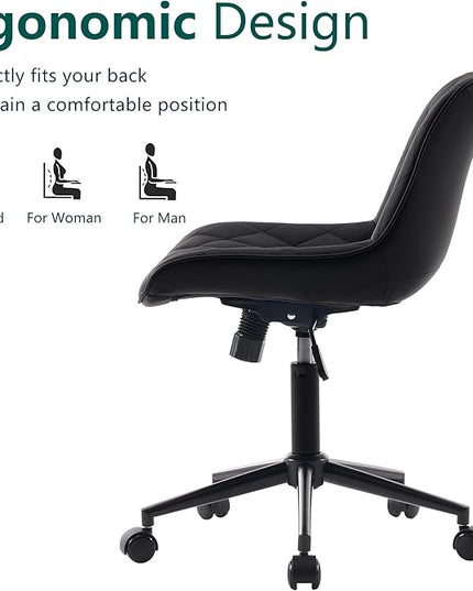 YOUNUOKE Comfortable Desk Chair, Home Office Chairs with Wheels, Armless Samll Comfy Vanity Chairs, PU Leather Computer Task Work Desk Chairs, Black - LeafyLoom