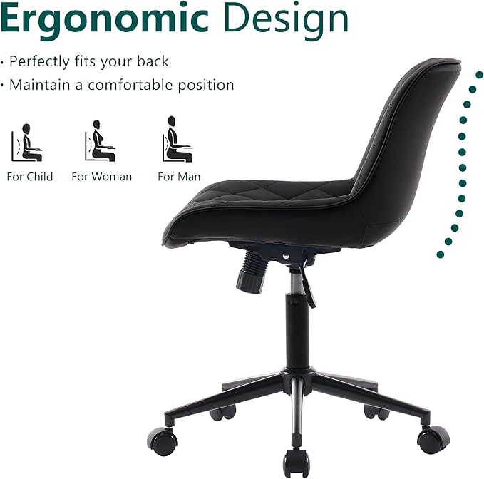 YOUNUOKE Comfortable Desk Chair, Home Office Chairs with Wheels, Armless Samll Comfy Vanity Chairs, PU Leather Computer Task Work Desk Chairs, Black - LeafyLoom