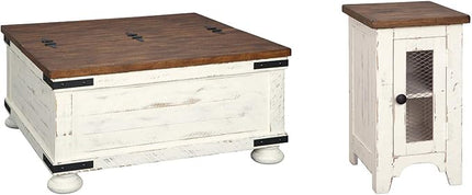 Signature Design by Ashley Wystfield Farmhouse Square Storage Coffee Table with Hinged Lift Top, Distressed White - LeafyLoom